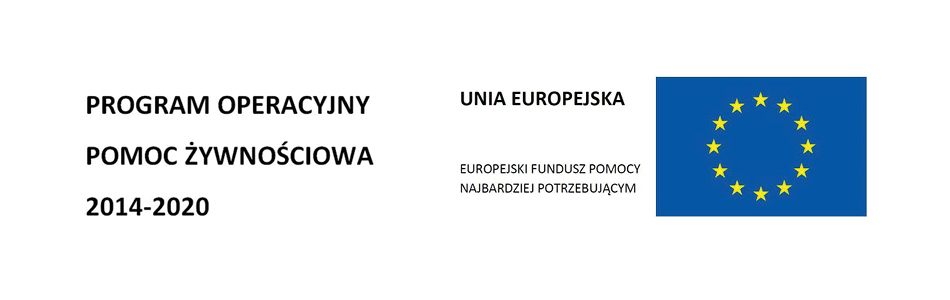 Po lewej napis: "PROGRAM OPERACYJNY POMOC ŻYWNOŚCIOWA 2014-2020". Po prawej flaga Unii Europejskiej oraz napis: "UNIA EUROPEJSKA. EUROPEJSKI FUNDUSZ POMOCY NAJBARDZIEJ POTRZEBUJĄCYM".